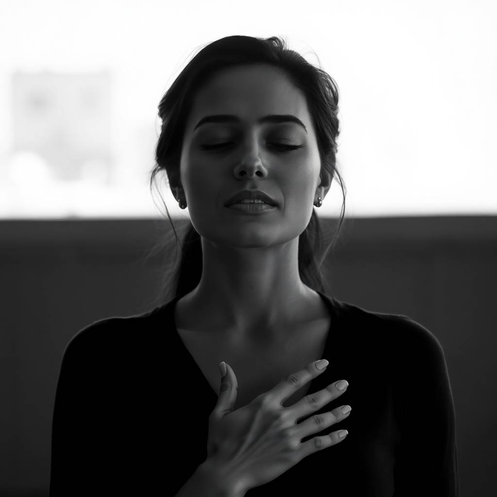 Mulher em preto e branco expressando calma e autocontrole